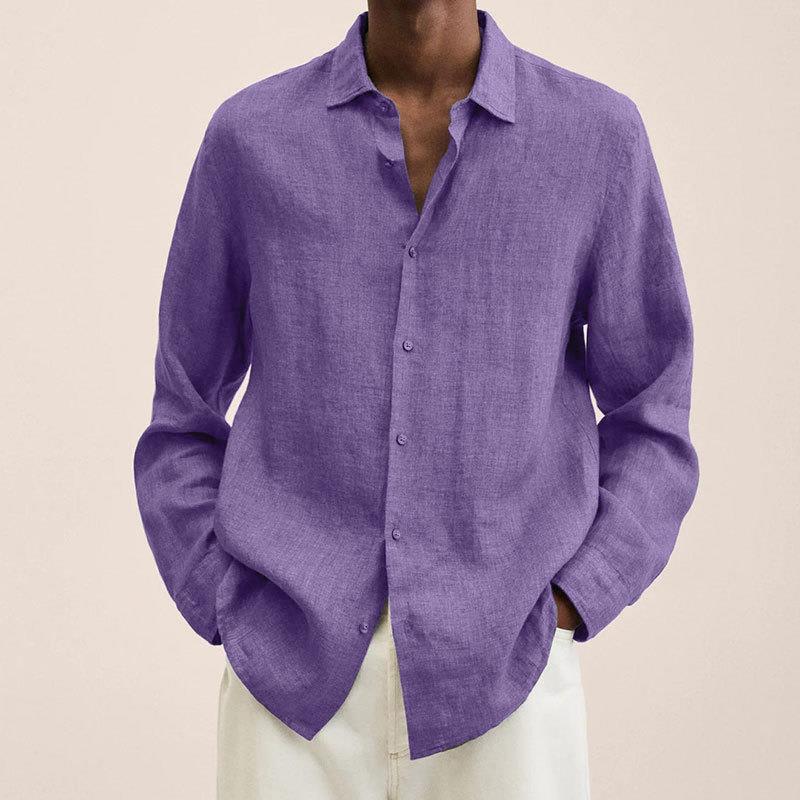 Men's plain long-sleeve collared shirt with button front and curved hem