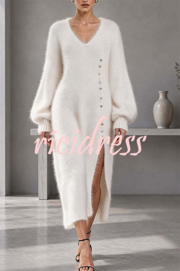 Women's plain knitted midi dress with V-neck, button front and balloon sleeves