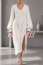 Women's plain knitted midi dress with V-neck, button front and balloon sleeves