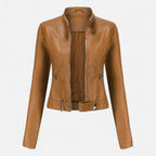 Women's cropped fitted jacket with mandarin collar, long sleeves and zipped pockets