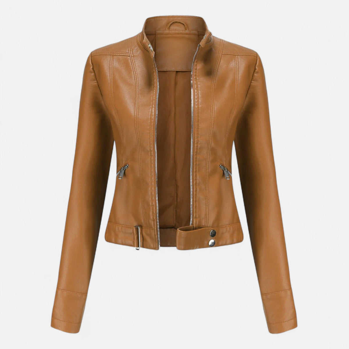 Women's cropped fitted jacket with mandarin collar, long sleeves and zipped pockets