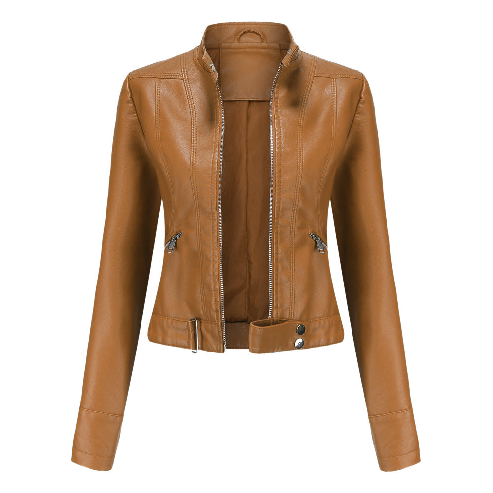 Women's cropped leather-style jacket with stand collar, long sleeves and zipped pockets