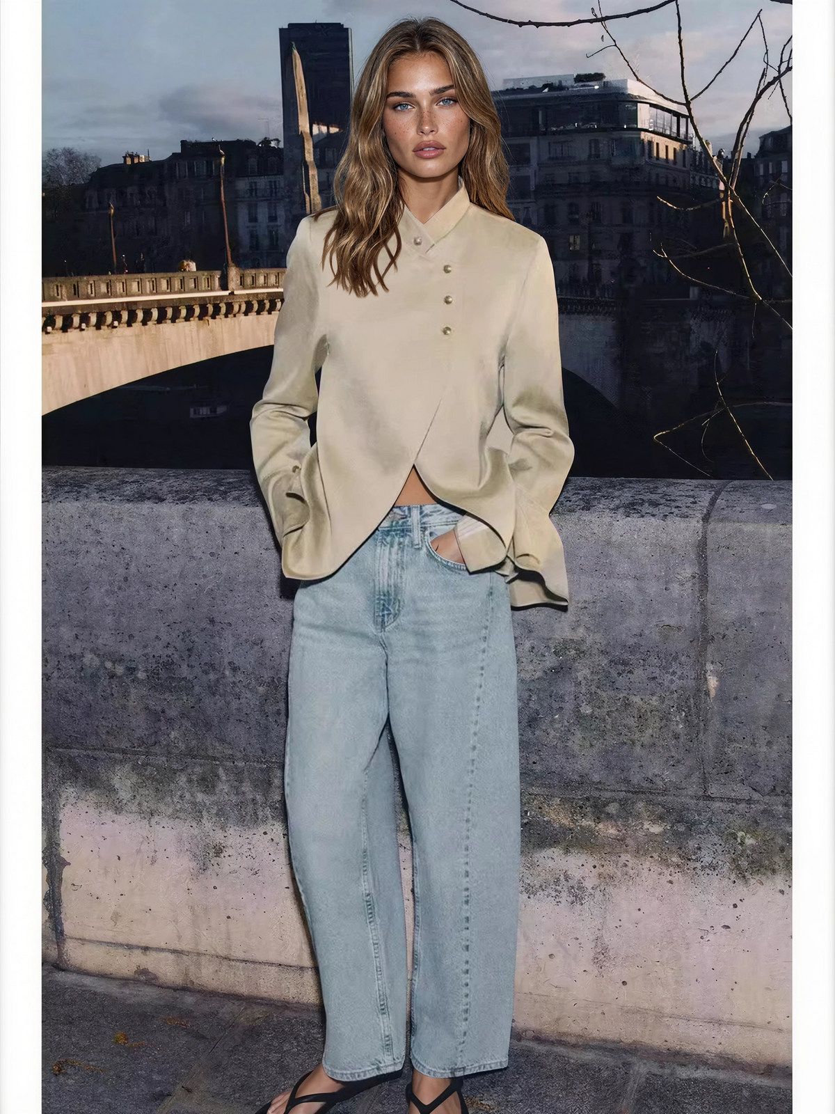 Women's mandarin collar blazer jacket with long flared cuffs