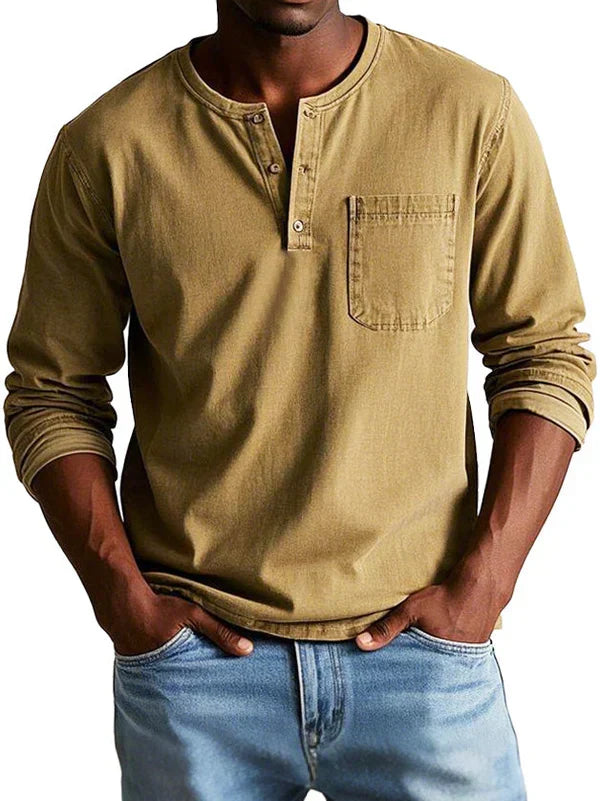 Men's long-sleeve Henley shirt with button placket and chest pocket