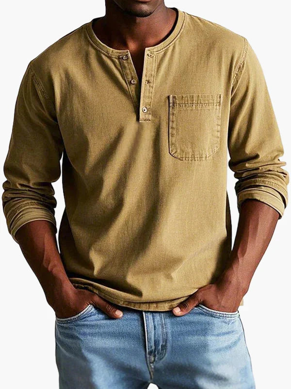 Men's long sleeve Henley shirt with round neck, button placket and chest pocket