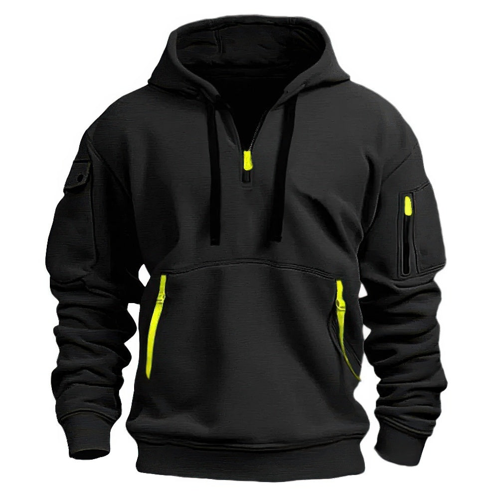 Men's hooded pullover hoodie with long sleeves, zip pockets and ribbed trims