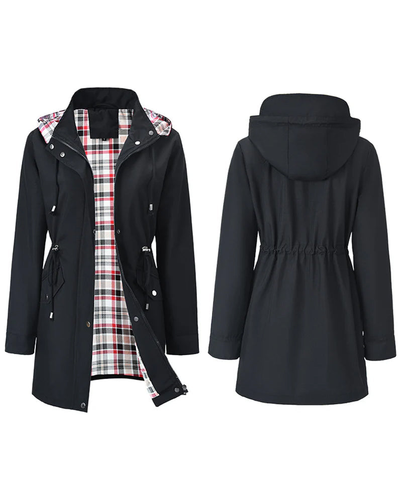 Women's long hooded trench coat with contrasting checked plaid lining