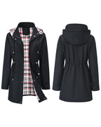 Women's long hooded trench coat with contrasting checked plaid lining