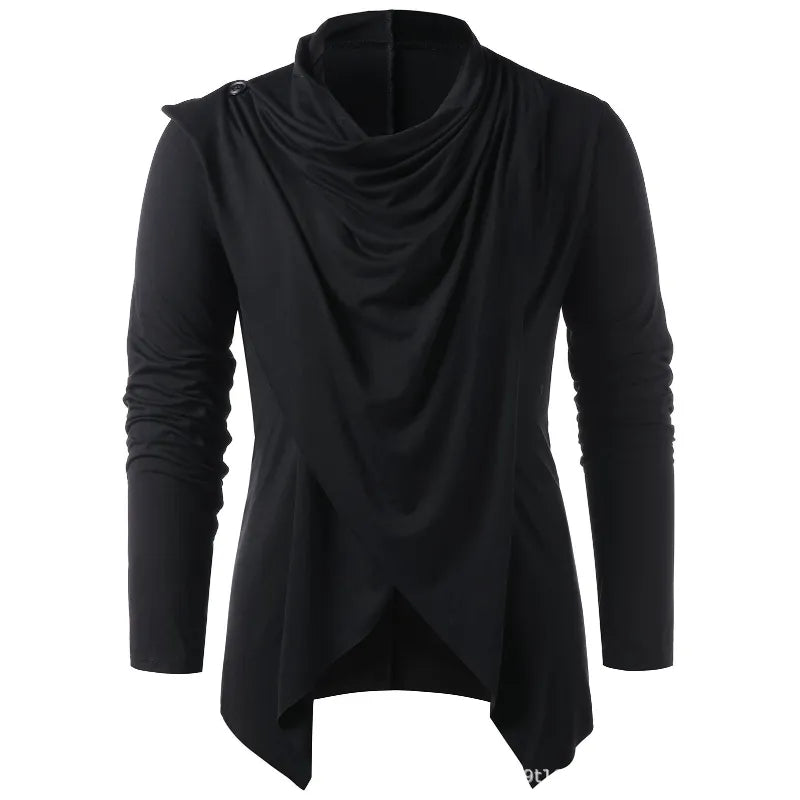 Men's long-sleeve draped cardigan with cowl neckline and asymmetric hem