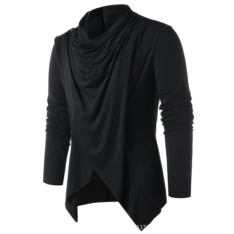 Men's long-sleeve draped cardigan with cowl neckline and asymmetric hem