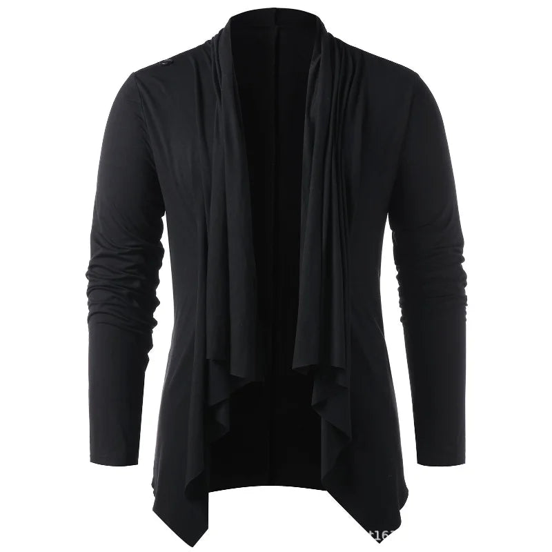 Men's long-sleeve draped cardigan with cowl neckline and asymmetric hem