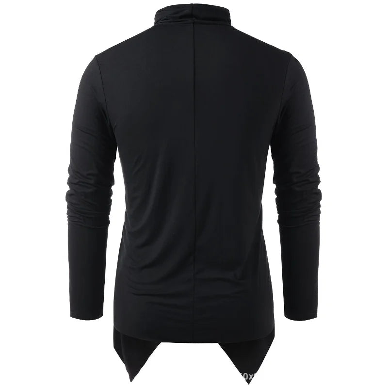 Men's long-sleeve draped cardigan with cowl neckline and asymmetric hem