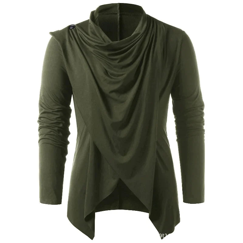 Men's long-sleeve draped cardigan with cowl neckline and asymmetric hem