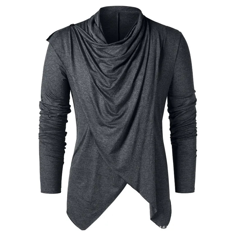 Men's long-sleeve draped cardigan with cowl neckline and asymmetric hem