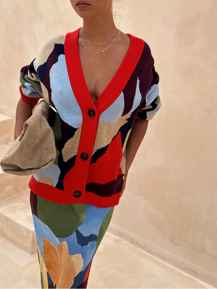 Women's multicoloured abstract geometric V-neck button cardigan
