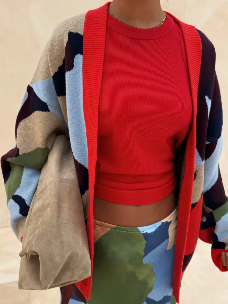 Women's multicoloured abstract geometric V-neck button cardigan