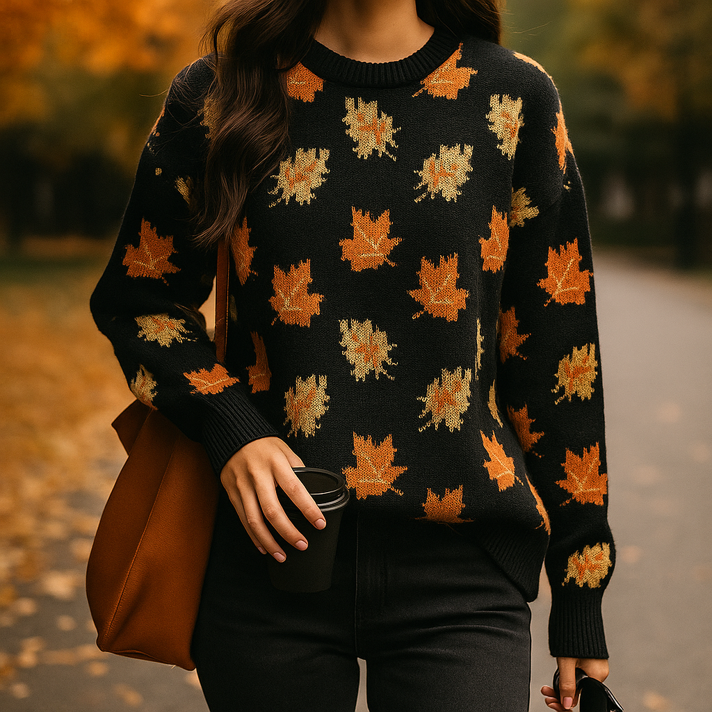Women's crew neck sweater with an all-over leaf pattern and long sleeves