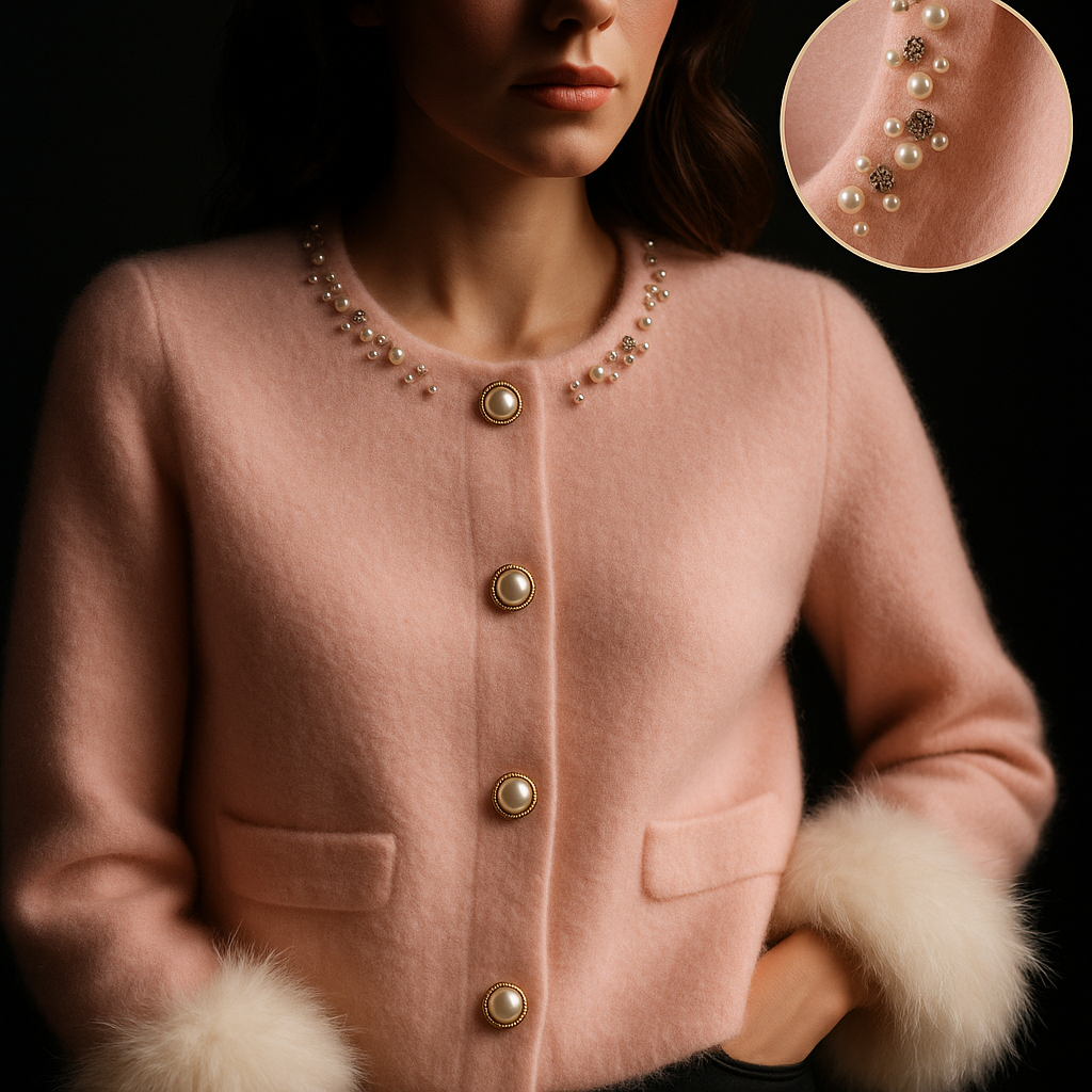 Women's round neck cardigan with embellished collar, pearl-style buttons and fluffy cuffs