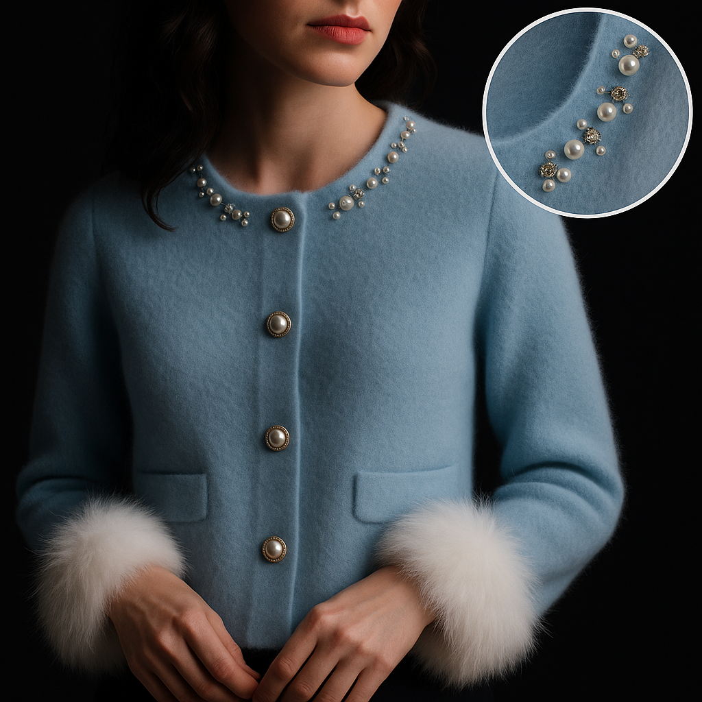 Women's round neck cardigan with embellished collar, pearl-style buttons and fluffy cuffs
