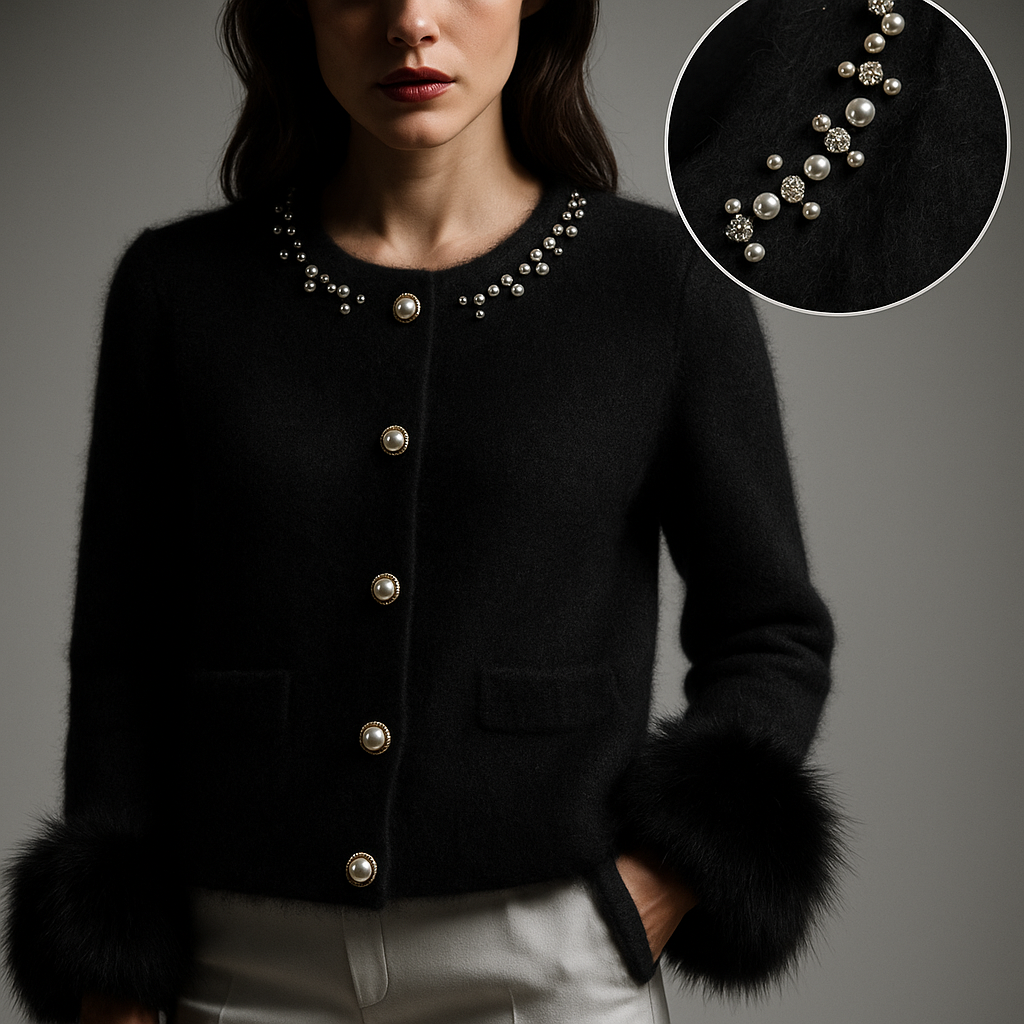 Women's round neck cardigan with embellished collar, pearl-style buttons and fluffy cuffs
