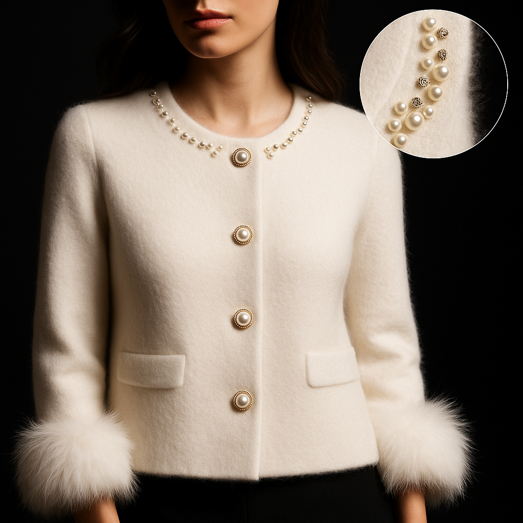 Women's round neck cardigan with embellished collar, pearl-style buttons and fluffy cuffs