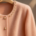 Women's round neck cardigan with embellished collar, pearl-style buttons and fluffy cuffs