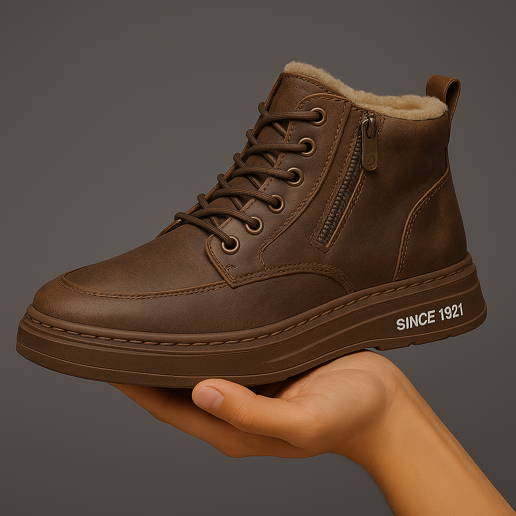Shearling-lined lace-up ankle boot with side zip and flat treaded sole