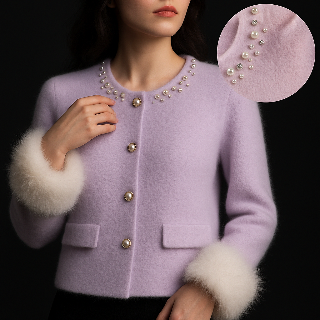 Women's round neck cardigan with embellished collar, pearl-style buttons and fluffy cuffs
