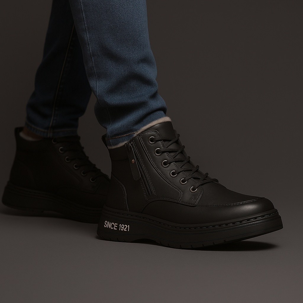 Shearling-lined lace-up ankle boot with side zip and flat treaded sole