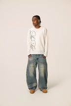 Men's white waffle sweatshirt with dark script front graphic
