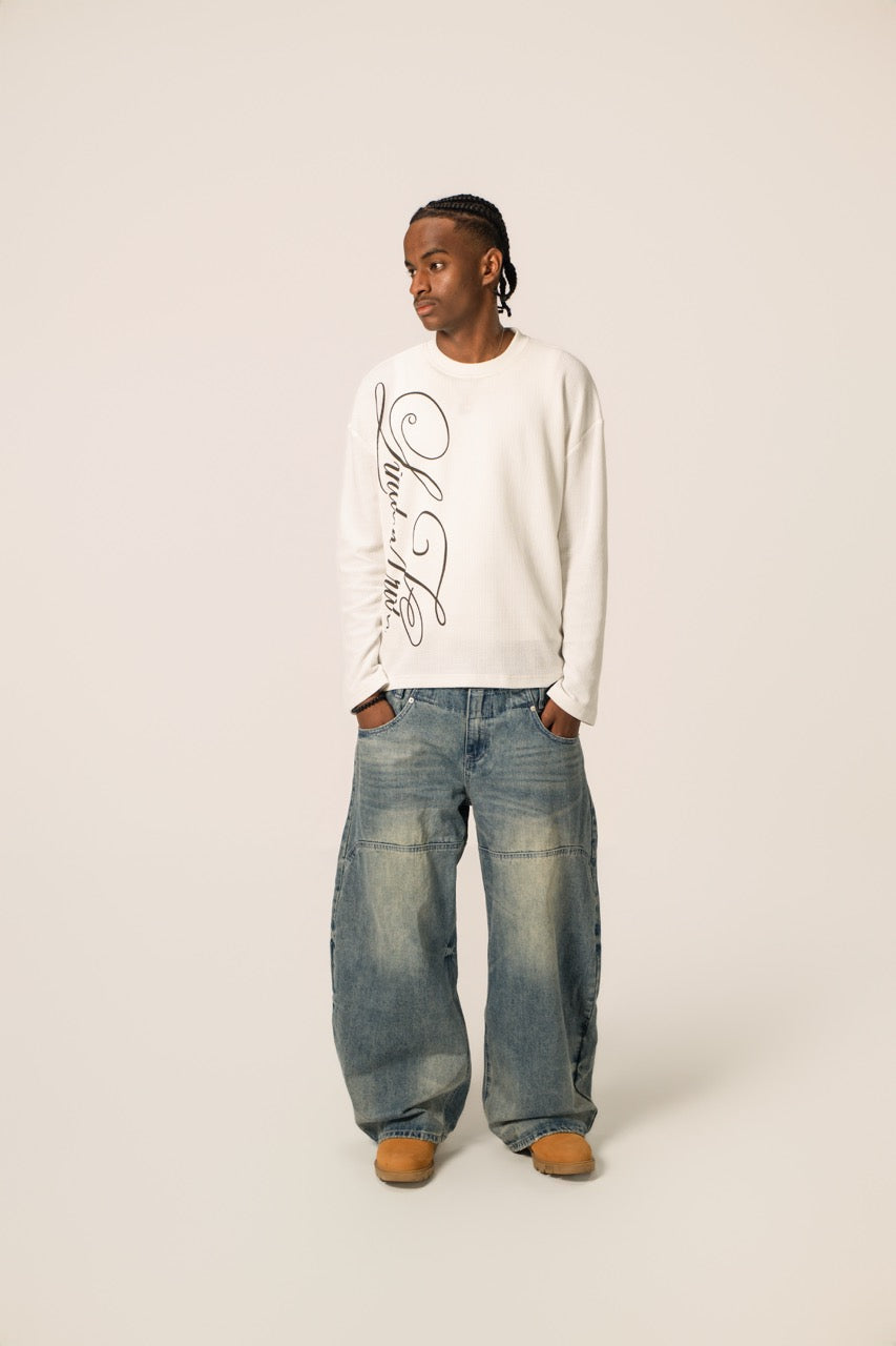 Men's white waffle sweatshirt with dark script front graphic
