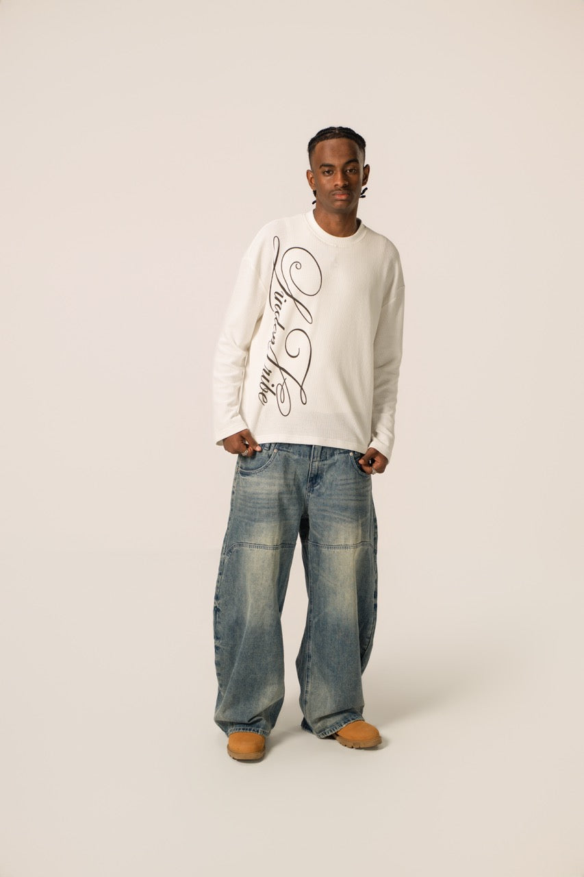 Men's white waffle sweatshirt with dark script front graphic