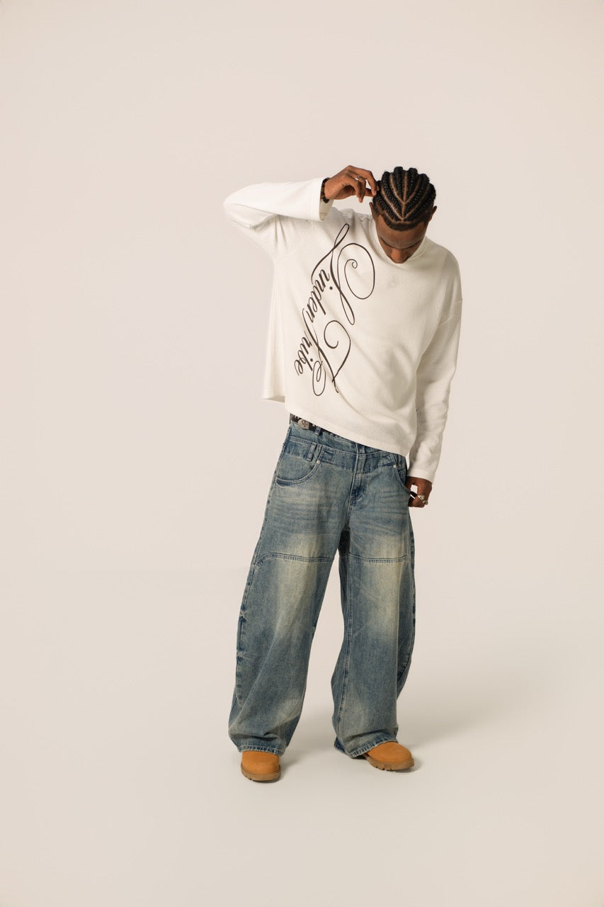 Men's white waffle sweatshirt with dark script front graphic