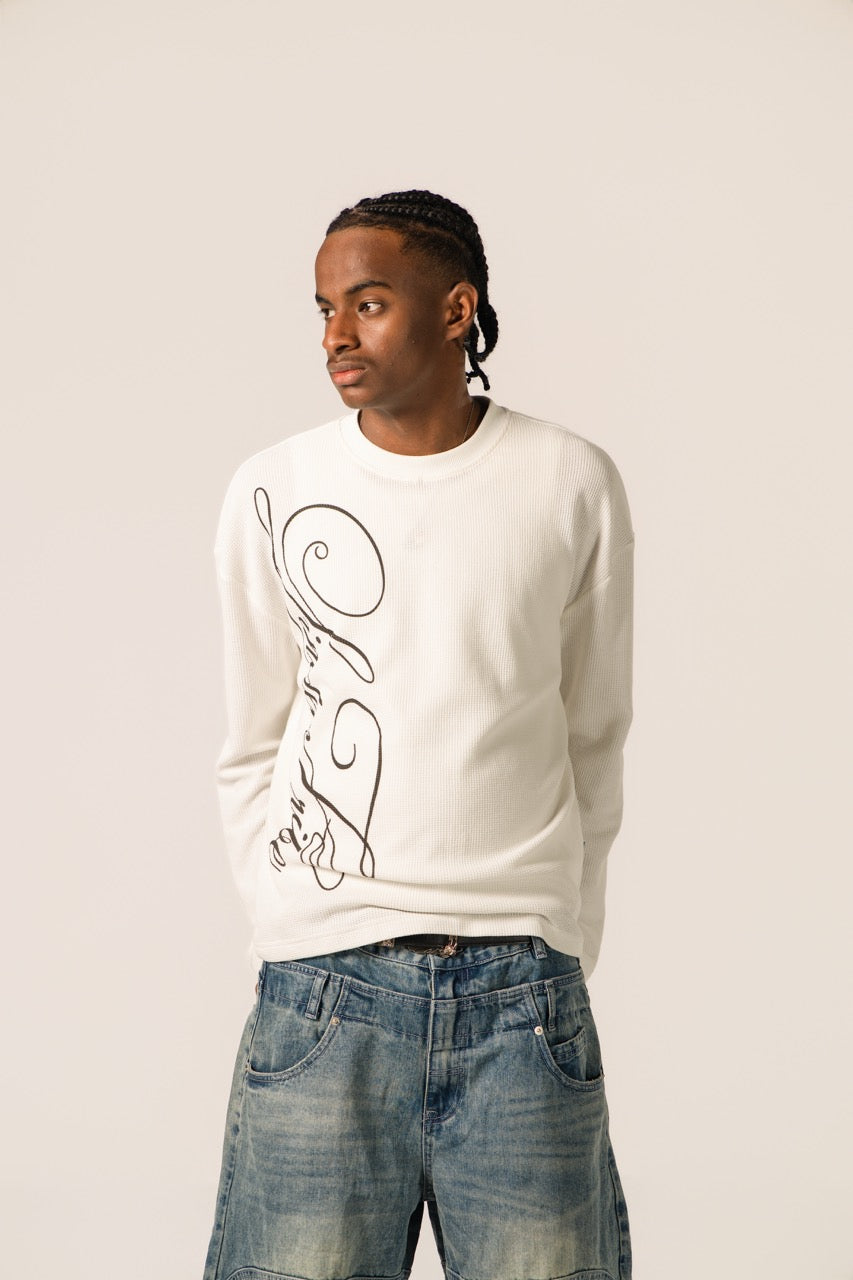 Men's white waffle sweatshirt with dark script front graphic