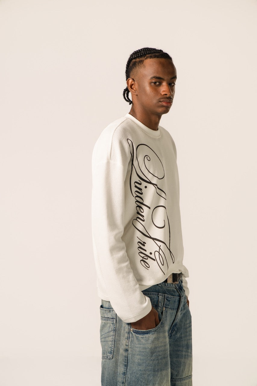 Men's white waffle sweatshirt with dark script front graphic