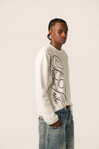 Men's white waffle sweatshirt with dark script front graphic