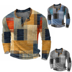 Men's long-sleeved geometric patchwork knit sweater with button collar