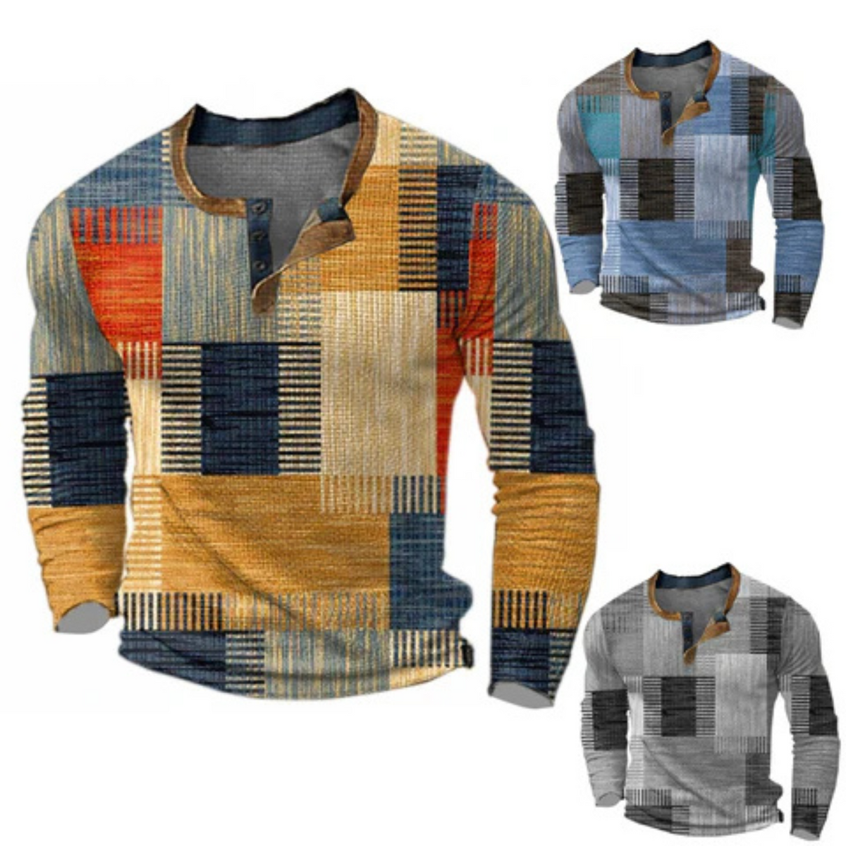 Men's long-sleeved geometric patchwork knit sweater with button collar