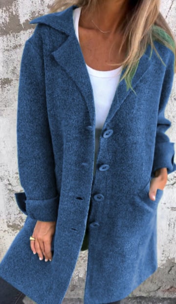 Women's longline button front coat with notched lapels and long sleeves