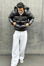 Men's hooded quilted puffer jacket with zip front and angled pockets