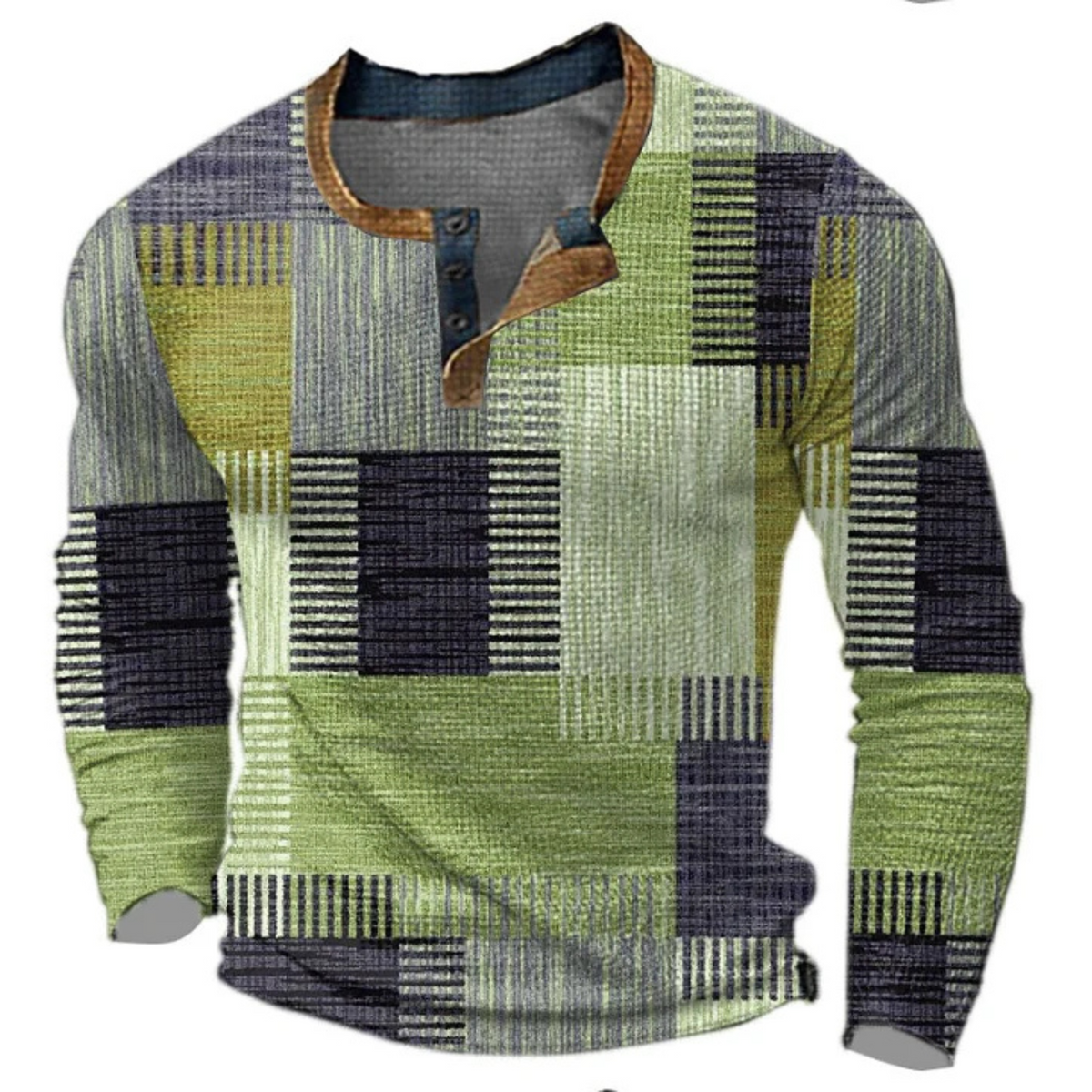 Men's long-sleeved geometric patchwork knit sweater with button collar