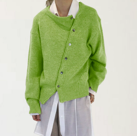 Women's asymmetric button cardigan with long sleeves and ribbed trims
