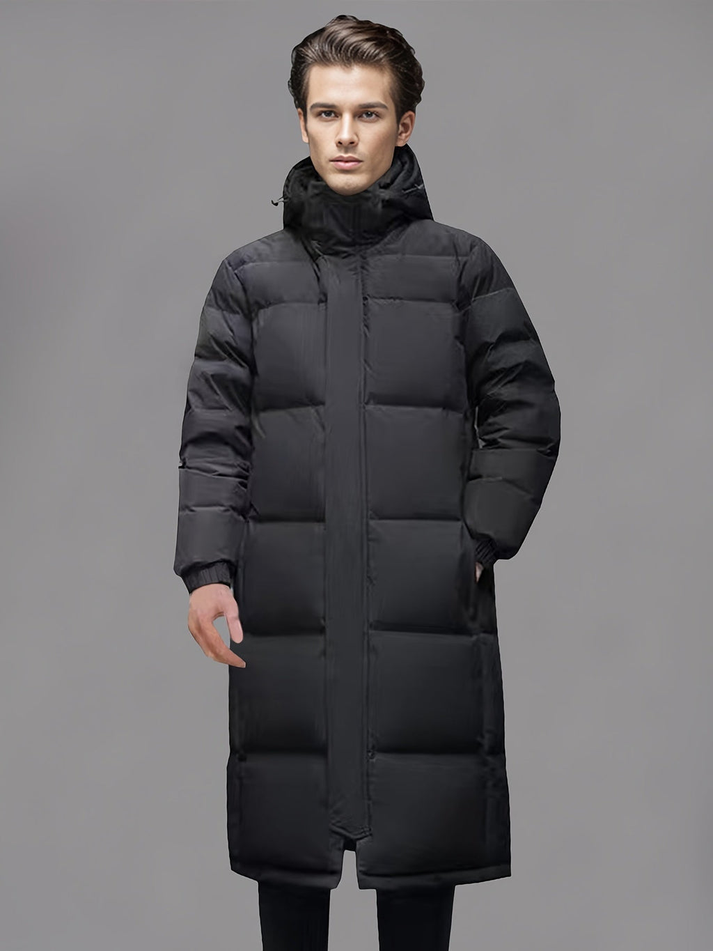 Men's black long hooded puffer coat with quilted panels and front pockets