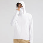 Women's hooded zip jacket with detachable face cover and long sleeves