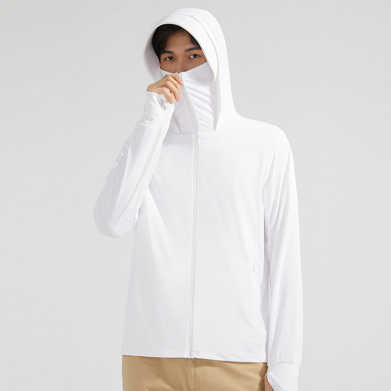 Women's hooded zip jacket with detachable face cover and long sleeves