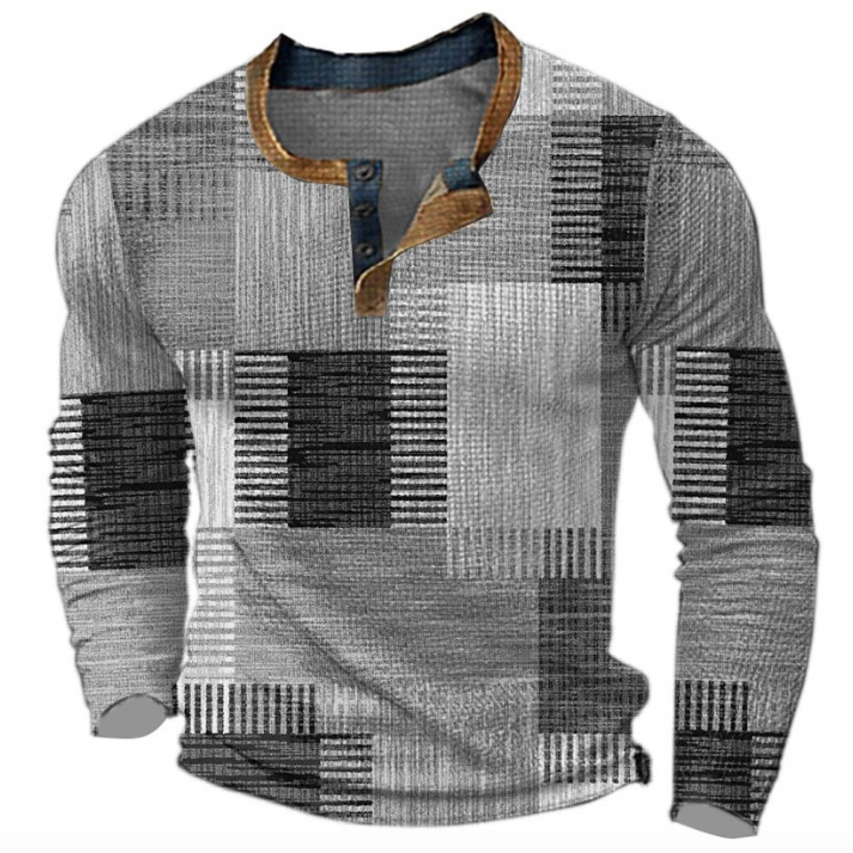 Men's long-sleeved geometric patchwork knit sweater with button collar