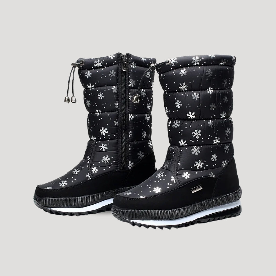 Women's padded winter boots with side zips and snowflake pattern option