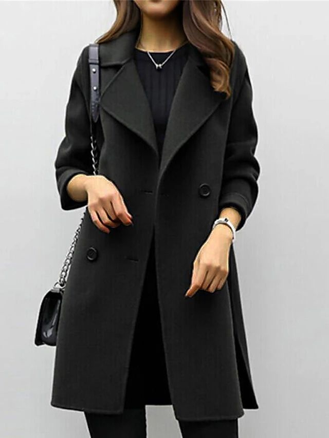 Women's longline coat with lapel collar, long sleeves and button front