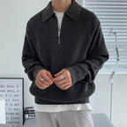 Men's ribbed quarter-zip sweater with collared neckline and long sleeves