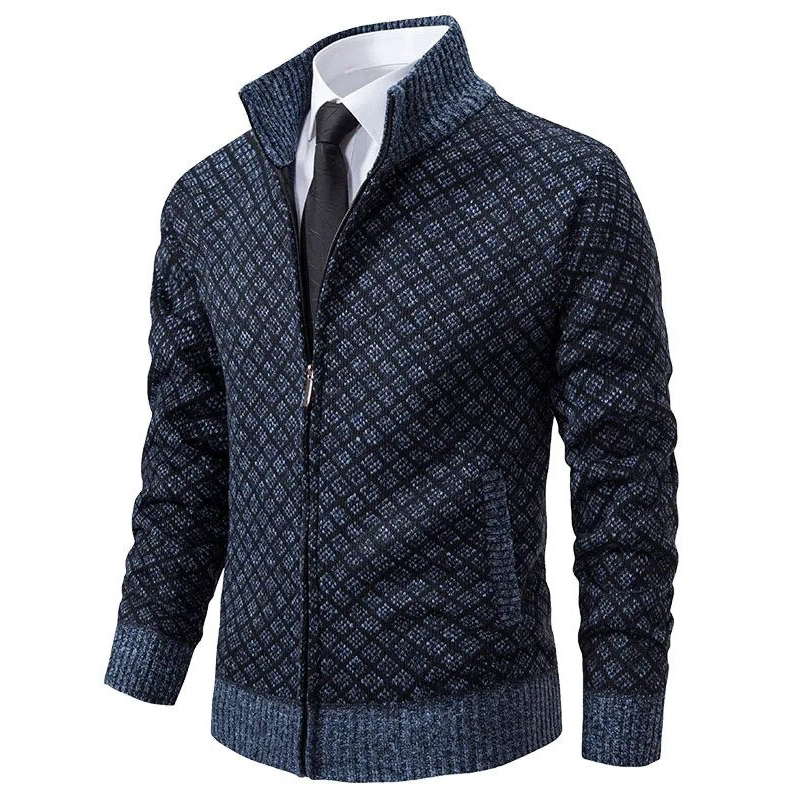 Men's geometric diamond-pattern zip-up jumper with mock neck collar and long sleeves